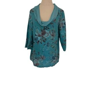 Made In Italy‎ Linen Top Sz S Teal Blue Floral Chiffon Cowl Art To Wear Cottage